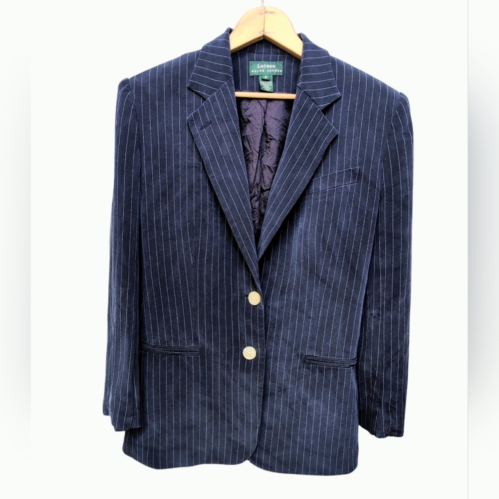 Lauren Ralph Lauren Silk Blazer Pinstripe Navy Blue Lined Women's Size 6 Classic